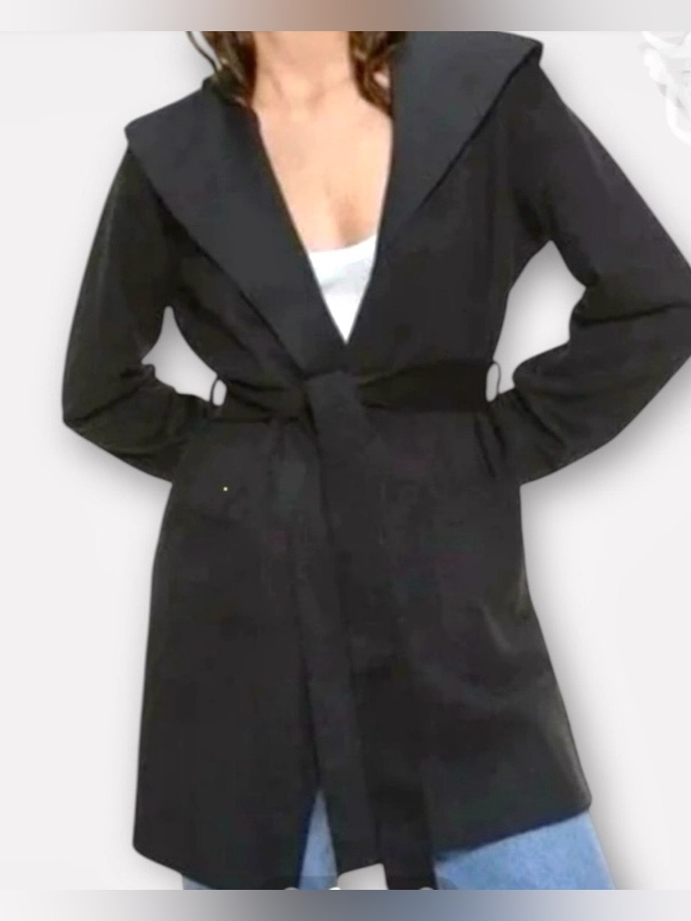 Zara Sz XS Black Hooded Faux Suede Wrap Self Tie Jacket.